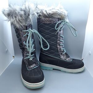 Justice Quilted Snow Boots Big Girls Size 2 faux fur lace up glitter VGUC winter